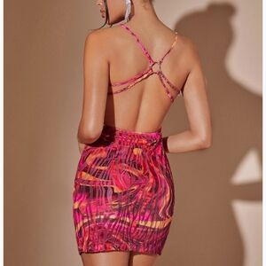 Women Marble Print O-Ring Backless Bodycon Dress Multicolors Size SX